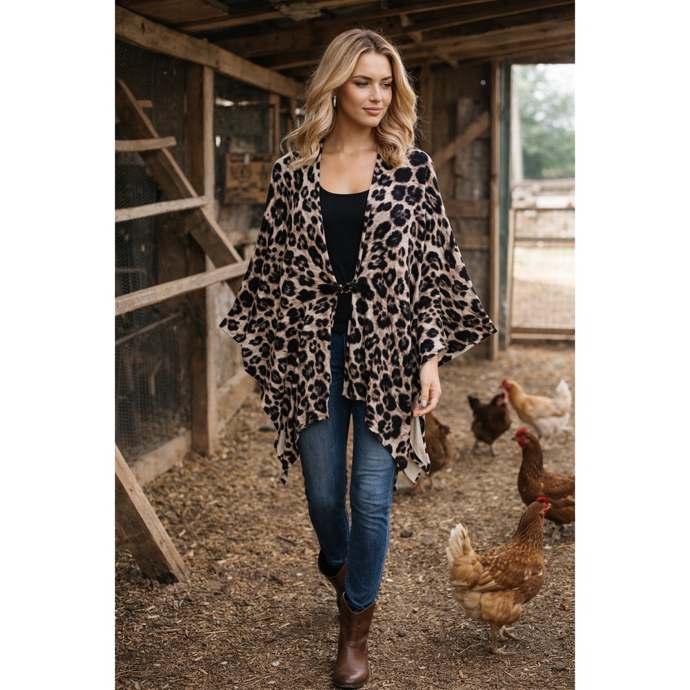 Dana Buchman Leopard-Print Tie-Front Poncho in Beige and Black